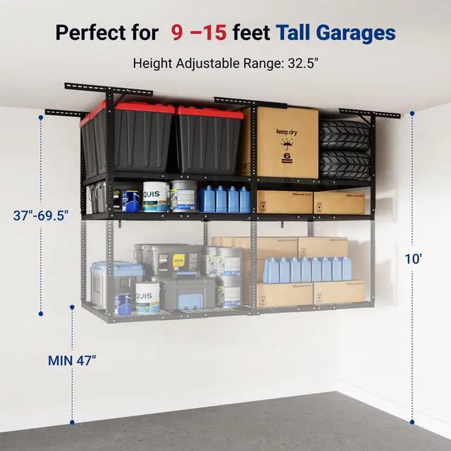 Alt view image 5 of 6 - 4x8 2-Tier Garage Ceiling Storage Rack, Adjustable Overhead Garage Storage System, Heavy Duty Metal Shelving, 1000 lbs Capacity, Ideal for 915 ft High Ceilings, Black