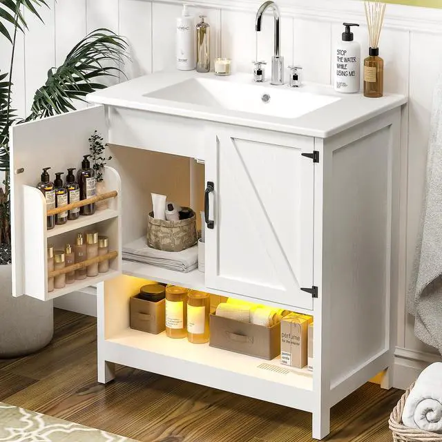 Main image of 30" Bathroom Vanity with Sink, Modern Bathroom Cabinet with LED Light, Bathroom Vanity Set, Double Soft Closing Cabinet Door with Organizer, White