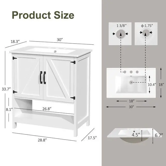 Alt view image 2 of 6 - 30" Bathroom Vanity with Sink, Modern Bathroom Cabinet with LED Light, Bathroom Vanity Set, Double Soft Closing Cabinet Door with Organizer, White