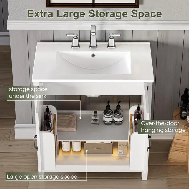 Alt view image 3 of 6 - 30" Bathroom Vanity with Sink, Modern Bathroom Cabinet with LED Light, Bathroom Vanity Set, Double Soft Closing Cabinet Door with Organizer, White