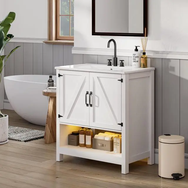 Alt view image 4 of 6 - 30" Bathroom Vanity with Sink, Modern Bathroom Cabinet with LED Light, Bathroom Vanity Set, Double Soft Closing Cabinet Door with Organizer, White