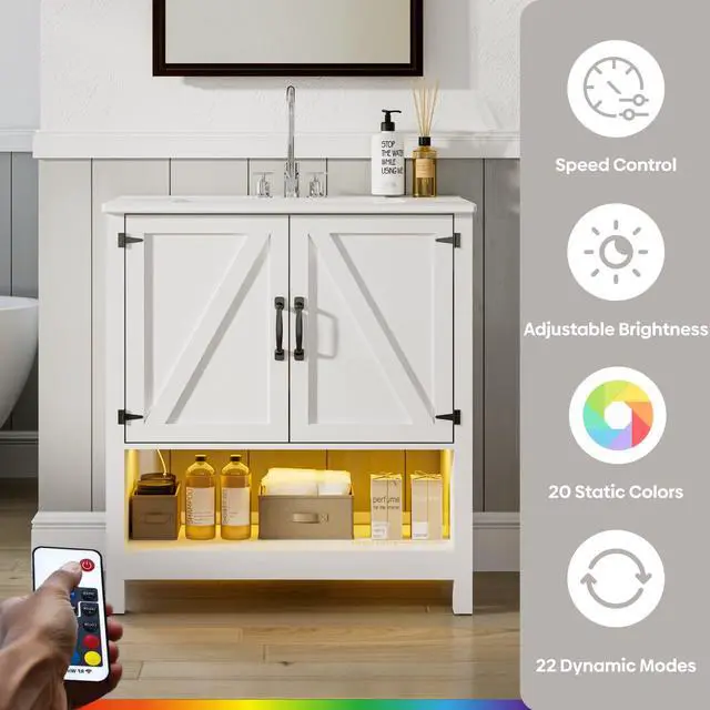 Alt view image 5 of 6 - 30" Bathroom Vanity with Sink, Modern Bathroom Cabinet with LED Light, Bathroom Vanity Set, Double Soft Closing Cabinet Door with Organizer, White