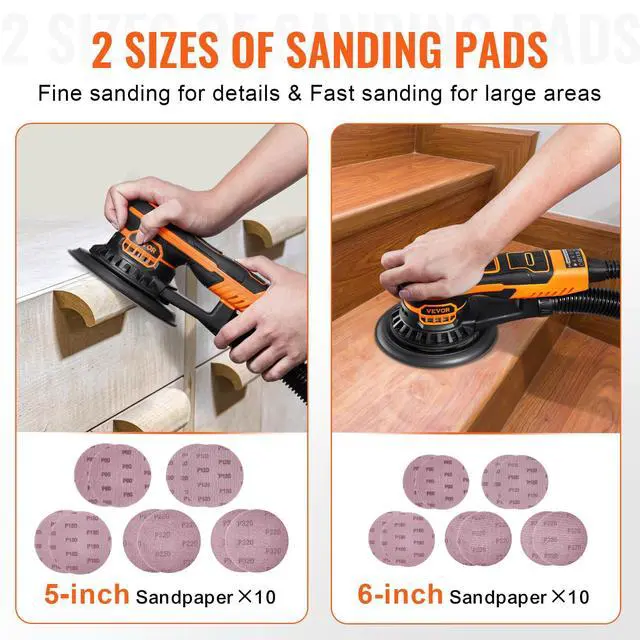 Alt view image 3 of 6 - Random Orbital Sander 5 & 6-Inch, 350W Brushless Orbital Sander, 10,000 PRM 6 Variable Speed Electric Palm Sander with 20PCS Sandpapers, Dust Connector & Hose for Woodworking Detailing Sanding