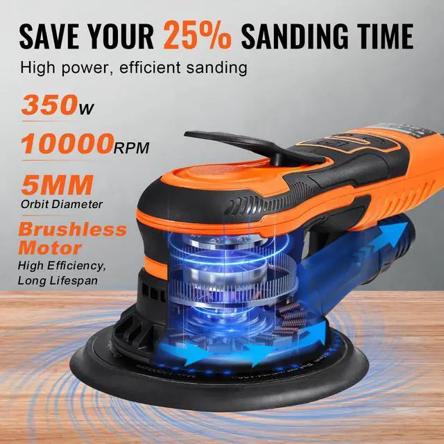 Alt view image 4 of 6 - Random Orbital Sander 5 & 6-Inch, 350W Brushless Orbital Sander, 10,000 PRM 6 Variable Speed Electric Palm Sander with 20PCS Sandpapers, Dust Connector & Hose for Woodworking Detailing Sanding