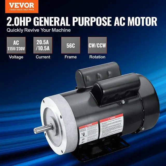 Alt view image 2 of 6 - 2HP Electric Motor 1725 RPM, AC 115V/230V, 56C Frame, Air Compressor Motor Single Phase, 5/8" Keyed Shaft, CW/CCW Rotation for Agricultural Machinery and General Equipment