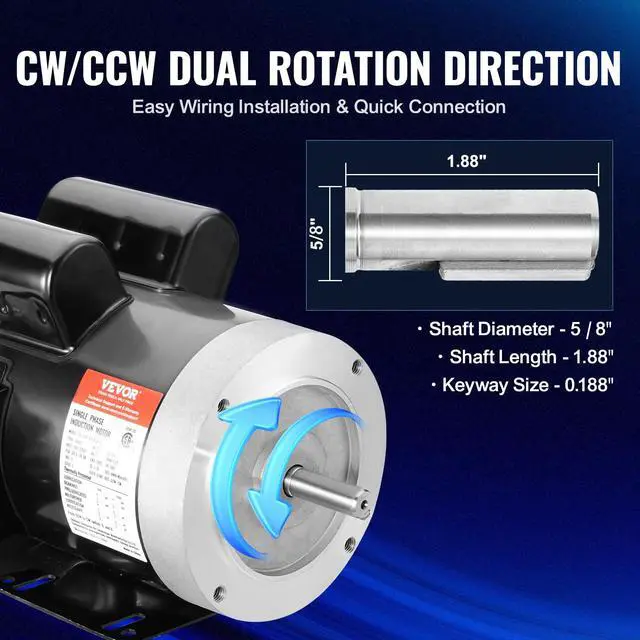 Alt view image 4 of 6 - 2HP Electric Motor 1725 RPM, AC 115V/230V, 56C Frame, Air Compressor Motor Single Phase, 5/8" Keyed Shaft, CW/CCW Rotation for Agricultural Machinery and General Equipment