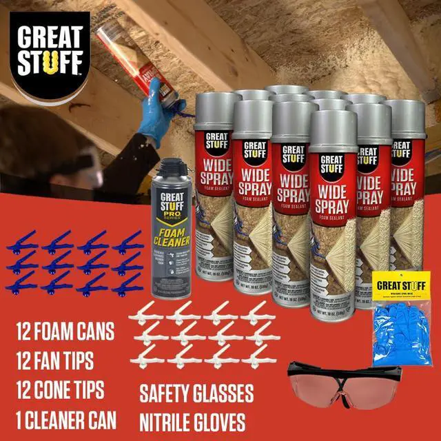 Alt view image 3 of 6 - Wide Spray Foam Insulation Kit Closed Cell Polyurethane Expanding Sealant for Indoor & Outdoor Use 12 Pack, 18 oz Cans with Nozzles, Gloves, Safety Glasses
