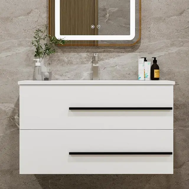 Main image of 36 Inch Floating Vanity with Sink, Modern Floating Bathroom Vanity with Sink,Wall Mounted Bathroom Cabinet with Black Handles & 2 Soft-Close Drawers for Small Space (White, 36")