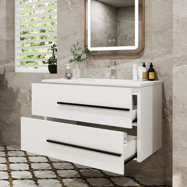 Alt view image 3 of 6 - 36 Inch Floating Vanity with Sink, Modern Floating Bathroom Vanity with Sink,Wall Mounted Bathroom Cabinet with Black Handles & 2 Soft-Close Drawers for Small Space (White, 36")