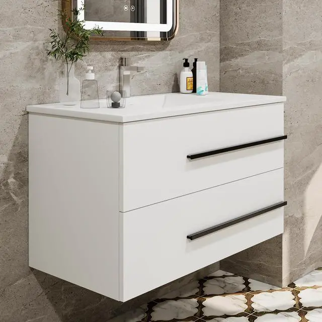 Alt view image 5 of 6 - 36 Inch Floating Vanity with Sink, Modern Floating Bathroom Vanity with Sink,Wall Mounted Bathroom Cabinet with Black Handles & 2 Soft-Close Drawers for Small Space (White, 36")