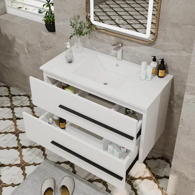 Alt view image 6 of 6 - 36 Inch Floating Vanity with Sink, Modern Floating Bathroom Vanity with Sink,Wall Mounted Bathroom Cabinet with Black Handles & 2 Soft-Close Drawers for Small Space (White, 36")