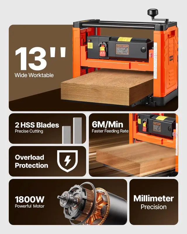 Alt view image 2 of 6 - Thickness Planer, Two-Blade, 13-Inch Width Worktable Power Benchtop Planer, 1800W 23500 RPM Powerful Motor, Dual Rollers, Over Protection, Single Speed Woodworking, for Hard & Soft Wood Material
