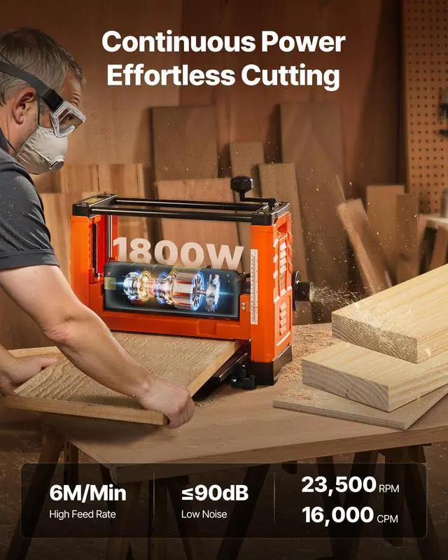 Alt view image 4 of 6 - Thickness Planer, Two-Blade, 13-Inch Width Worktable Power Benchtop Planer, 1800W 23500 RPM Powerful Motor, Dual Rollers, Over Protection, Single Speed Woodworking, for Hard & Soft Wood Material