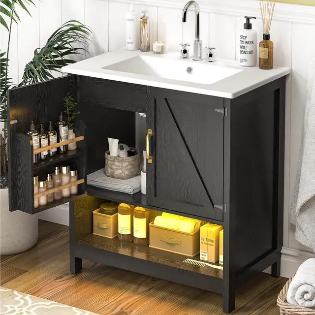 Main image of 30" Bathroom Vanity with Sink, Modern Bathroom Cabinet with LED Light, Bathroom Vanity Set, Double Soft Closing Cabinet Door with Organizer, Black