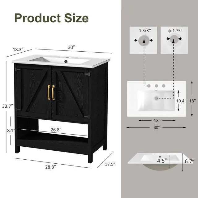 Alt view image 2 of 6 - 30" Bathroom Vanity with Sink, Modern Bathroom Cabinet with LED Light, Bathroom Vanity Set, Double Soft Closing Cabinet Door with Organizer, Black