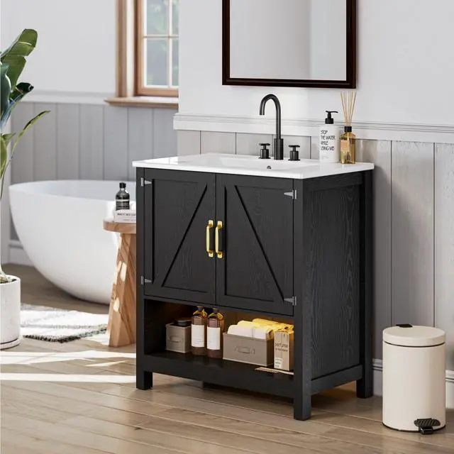 Alt view image 3 of 6 - 30" Bathroom Vanity with Sink, Modern Bathroom Cabinet with LED Light, Bathroom Vanity Set, Double Soft Closing Cabinet Door with Organizer, Black