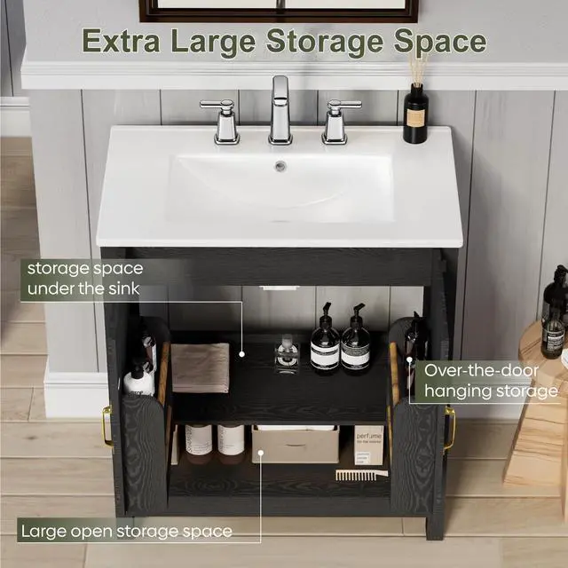 Alt view image 4 of 6 - 30" Bathroom Vanity with Sink, Modern Bathroom Cabinet with LED Light, Bathroom Vanity Set, Double Soft Closing Cabinet Door with Organizer, Black