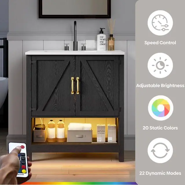 Alt view image 5 of 6 - 30" Bathroom Vanity with Sink, Modern Bathroom Cabinet with LED Light, Bathroom Vanity Set, Double Soft Closing Cabinet Door with Organizer, Black