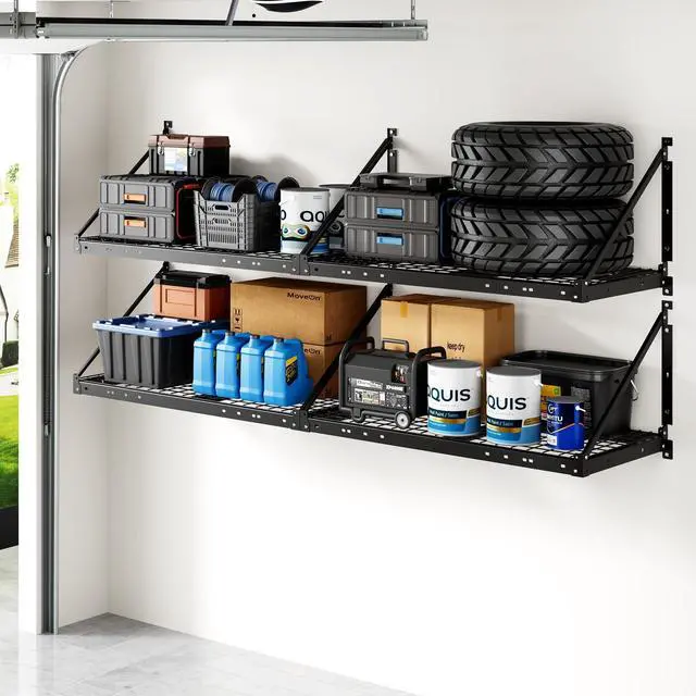 Main image of 4-Pack 2x4ft Garage Wall Shelving - Heavy Duty Garage Storage System, 1320lbs Load Capacity with Brace Guardrail, Organization for Tools, Bins, Sports Equipment, Utility Room, Pro Series