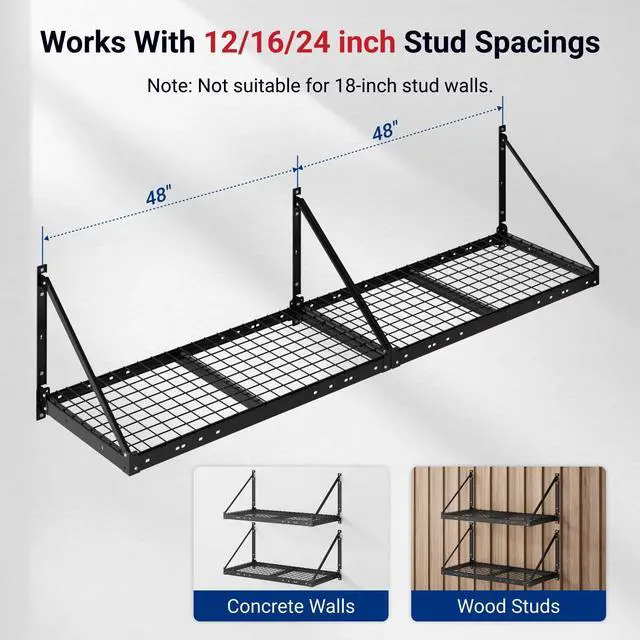 Alt view image 3 of 6 - 4-Pack 2x4ft Garage Wall Shelving - Heavy Duty Garage Storage System, 1320lbs Load Capacity with Brace Guardrail, Organization for Tools, Bins, Sports Equipment, Utility Room, Pro Series
