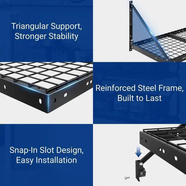 Alt view image 4 of 6 - 4-Pack 2x4ft Garage Wall Shelving - Heavy Duty Garage Storage System, 1320lbs Load Capacity with Brace Guardrail, Organization for Tools, Bins, Sports Equipment, Utility Room, Pro Series