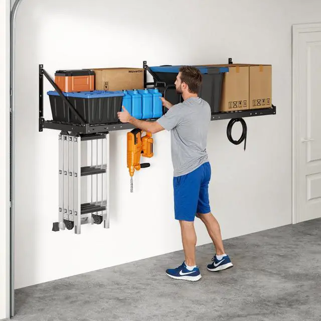 Alt view image 6 of 6 - 4-Pack 2x4ft Garage Wall Shelving - Heavy Duty Garage Storage System, 1320lbs Load Capacity with Brace Guardrail, Organization for Tools, Bins, Sports Equipment, Utility Room, Pro Series