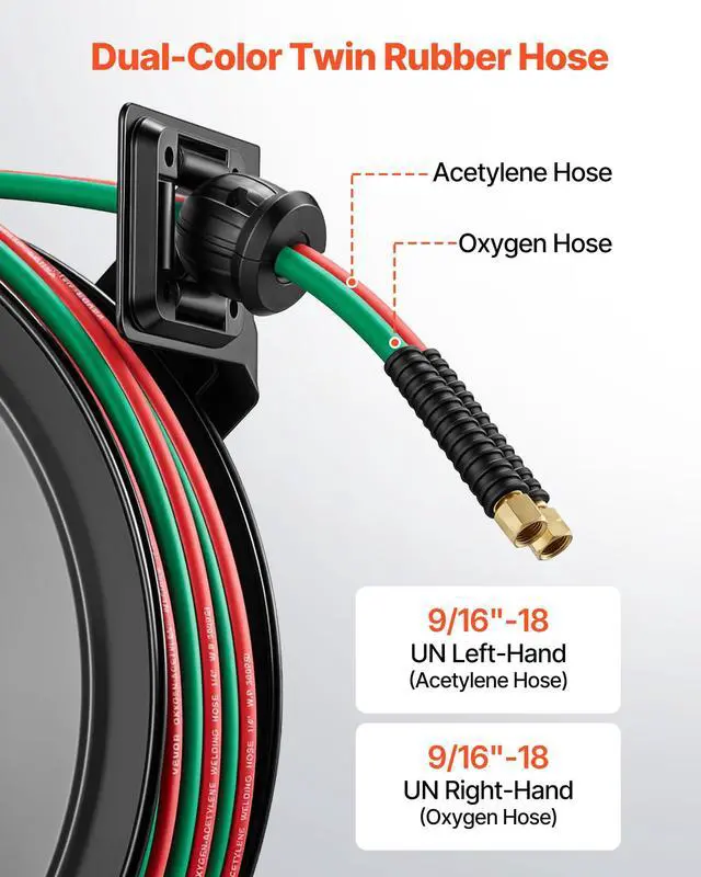 Alt view image 4 of 6 - Retractable Welding Hose Reel, 1/4 Inch x 100FT Twin Oxygen Acetylene Rubber Hose Max 300PSI - R Grade, Ceiling/Wall Mount Heavy Duty Steel Hose Reel Auto-Rewind, Ideal for Workshops Garages