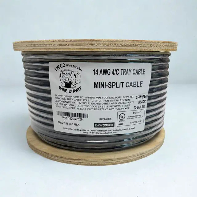 Main image of 14 AWG 4-Conductor Mini-Split Cable 250 FT (Black) 600V 100% Copper UL Listed Indoor/Outdoor Made in USA