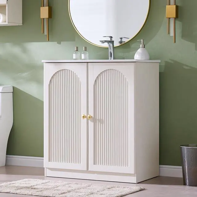 Main image of 30 Inch Arched Bathroom Vanity with Sink, Modern Fluted Bathroom Vanity Cabinet with Adjustable Storage Shelf, Freestanding Single Bathroom Vanity With Ceramic Basin, Space-Saving, Antique White