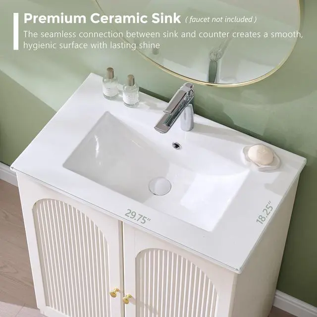 Alt view image 3 of 6 - 30 Inch Arched Bathroom Vanity with Sink, Modern Fluted Bathroom Vanity Cabinet with Adjustable Storage Shelf, Freestanding Single Bathroom Vanity With Ceramic Basin, Space-Saving, Antique White
