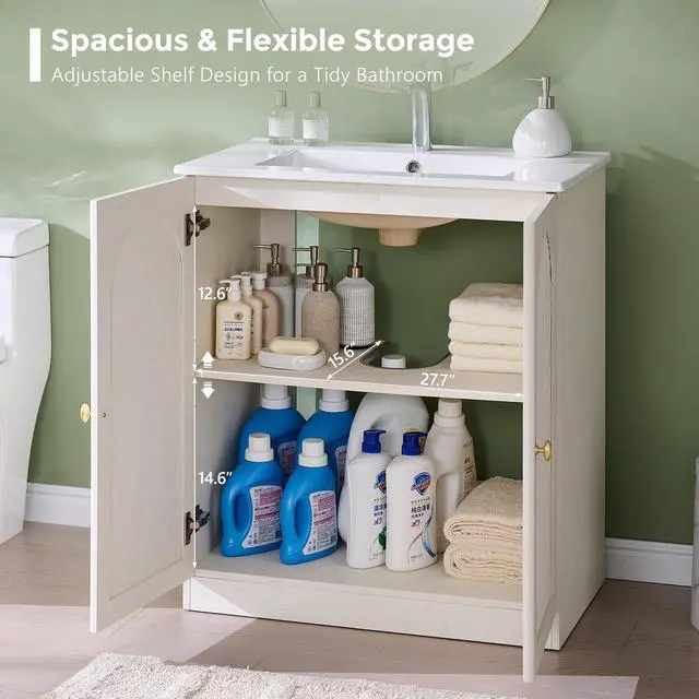 Alt view image 4 of 6 - 30 Inch Arched Bathroom Vanity with Sink, Modern Fluted Bathroom Vanity Cabinet with Adjustable Storage Shelf, Freestanding Single Bathroom Vanity With Ceramic Basin, Space-Saving, Antique White