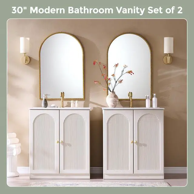 Alt view image 5 of 6 - 30 Inch Arched Bathroom Vanity with Sink, Modern Fluted Bathroom Vanity Cabinet with Adjustable Storage Shelf, Freestanding Single Bathroom Vanity With Ceramic Basin, Space-Saving, Antique White