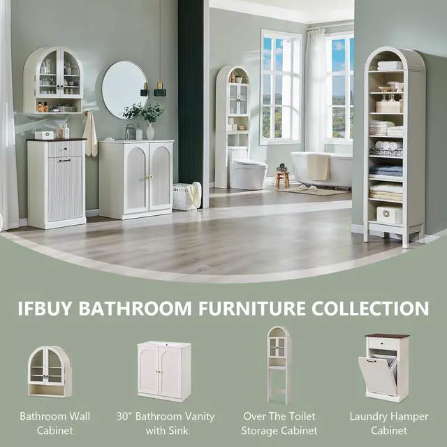Alt view image 6 of 6 - 30 Inch Arched Bathroom Vanity with Sink, Modern Fluted Bathroom Vanity Cabinet with Adjustable Storage Shelf, Freestanding Single Bathroom Vanity With Ceramic Basin, Space-Saving, Antique White