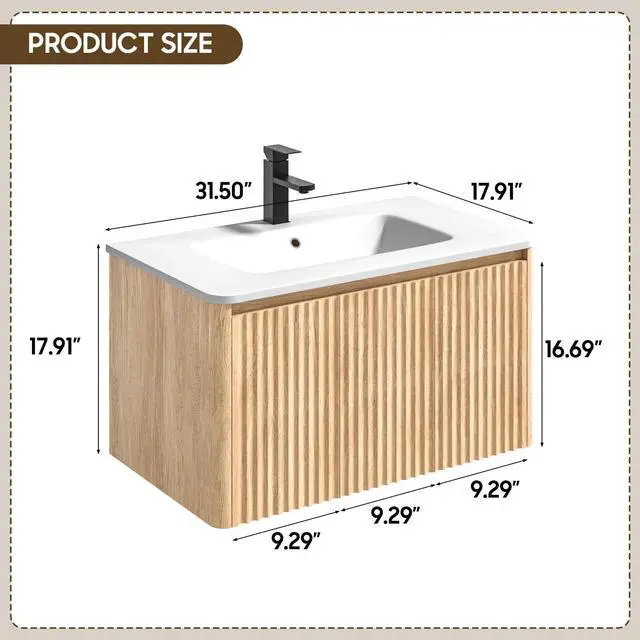 Alt view image 2 of 6 - 30 Inch Fluted Bathroom Vanity with Ceramic Sink Combo, Floating Modern Bathroom Vanity Cabinet with Soft-Closing Doors, Wall Mounted Wood Grain Vanity with Storage Cabinet, Oak
