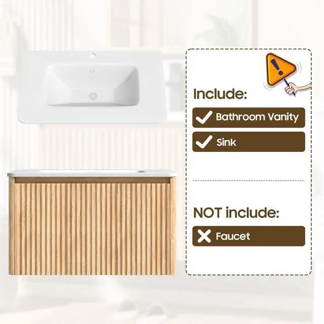 Alt view image 3 of 6 - 30 Inch Fluted Bathroom Vanity with Ceramic Sink Combo, Floating Modern Bathroom Vanity Cabinet with Soft-Closing Doors, Wall Mounted Wood Grain Vanity with Storage Cabinet, Oak
