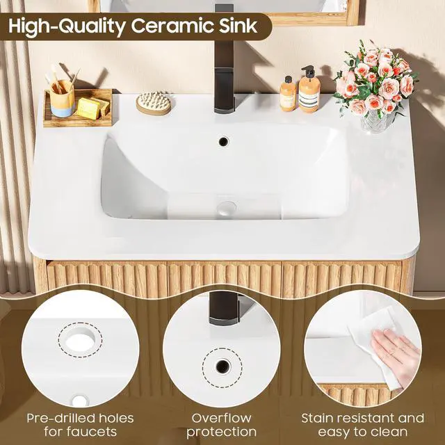 Alt view image 4 of 6 - 30 Inch Fluted Bathroom Vanity with Ceramic Sink Combo, Floating Modern Bathroom Vanity Cabinet with Soft-Closing Doors, Wall Mounted Wood Grain Vanity with Storage Cabinet, Oak
