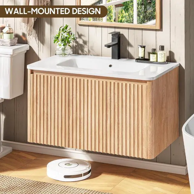 Alt view image 6 of 6 - 30 Inch Fluted Bathroom Vanity with Ceramic Sink Combo, Floating Modern Bathroom Vanity Cabinet with Soft-Closing Doors, Wall Mounted Wood Grain Vanity with Storage Cabinet, Oak