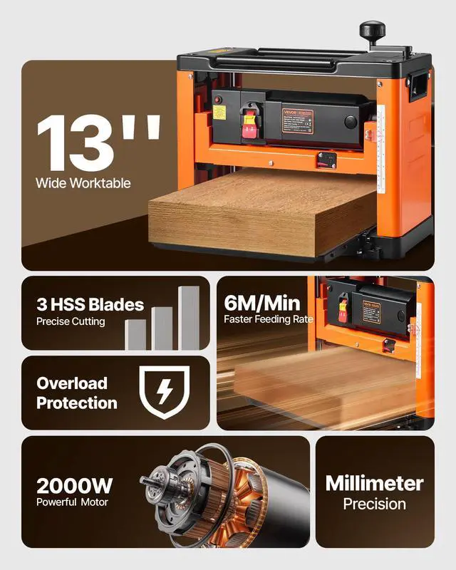Alt view image 2 of 6 - 13-Inch Thickness Planer, Three-Blade Power Benchtop Planer, with 2000W 23500 RPM Powerful Motor, Dual Rollers, Over Protection, for Hard Soft Wood Material
