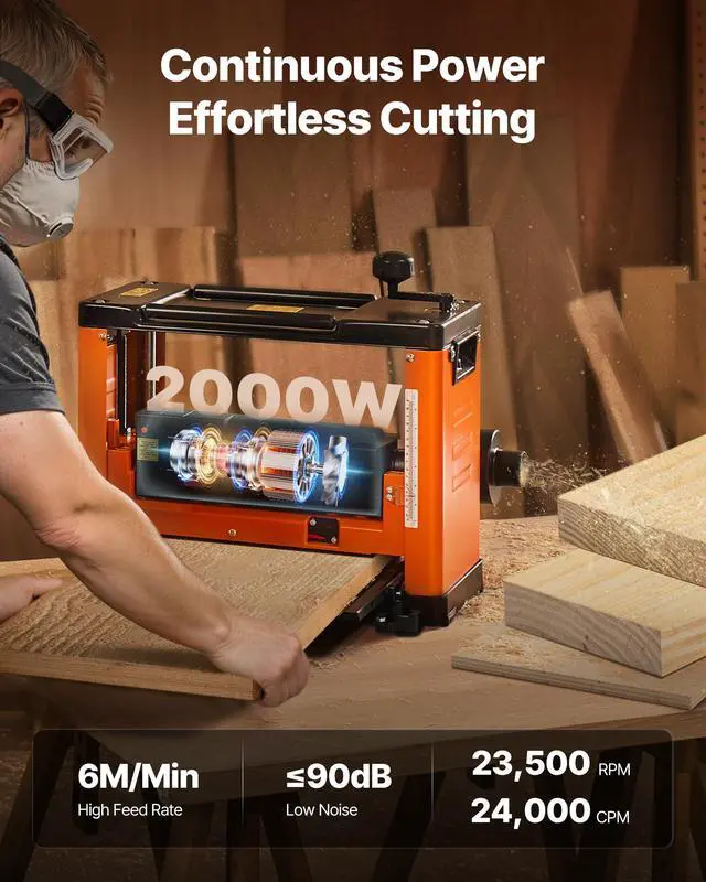 Alt view image 4 of 6 - 13-Inch Thickness Planer, Three-Blade Power Benchtop Planer, with 2000W 23500 RPM Powerful Motor, Dual Rollers, Over Protection, for Hard Soft Wood Material