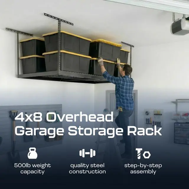 Alt view image 2 of 6 - MonsterRax Overhead Garage Storage Rack - 4 x 8 Ceiling Racks for Garage, Organization Shelving, Hanging Shelf, Grey, 24"-45" Height Adjustment