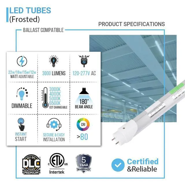 Alt view image 2 of 6 - 4FT T8 LED Tube Light, Type A+B, 12W/15W/18W/22W, 3000K | 4000K | 5000K | 6500K, Single and Double End Powered, Plug and Play or Ballast Bypass, 2860 Lumens, F32T8, 120-277V, Frosted Cover (24 Pack)