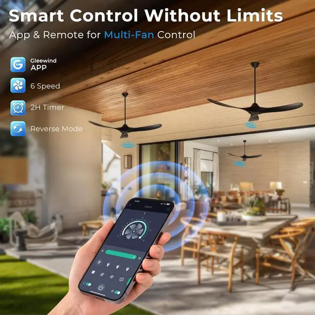 Alt view image 2 of 6 - Outdoor Ceiling Fan No Light for Patios, 52 inch Ceiling Fans Without Lights with Smart App and Remote Control, Wet Rated 3 Blades Wood Propeller Modern Fan for Exterior Outside, High CFM, Black