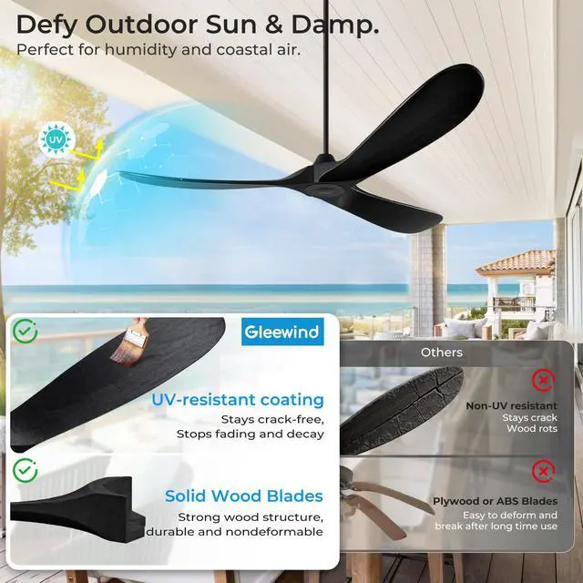 Alt view image 3 of 6 - Outdoor Ceiling Fan No Light for Patios, 52 inch Ceiling Fans Without Lights with Smart App and Remote Control, Wet Rated 3 Blades Wood Propeller Modern Fan for Exterior Outside, High CFM, Black