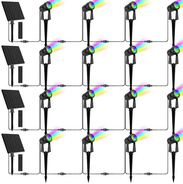 Main image of Solar Color Changing RGB Spotlights with Remote, Separate Monocrystalline Panels & USB-C Powered, Auto On Off, Outdoor IP65 Waterproof for Patio Yard Path (16 Pack)