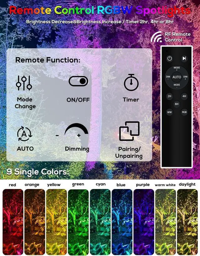 Alt view image 2 of 6 - Solar Color Changing RGB Spotlights with Remote, Separate Monocrystalline Panels & USB-C Powered, Auto On Off, Outdoor IP65 Waterproof for Patio Yard Path (16 Pack)