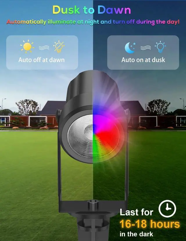 Alt view image 6 of 6 - Solar Color Changing RGB Spotlights with Remote, Separate Monocrystalline Panels & USB-C Powered, Auto On Off, Outdoor IP65 Waterproof for Patio Yard Path (16 Pack)