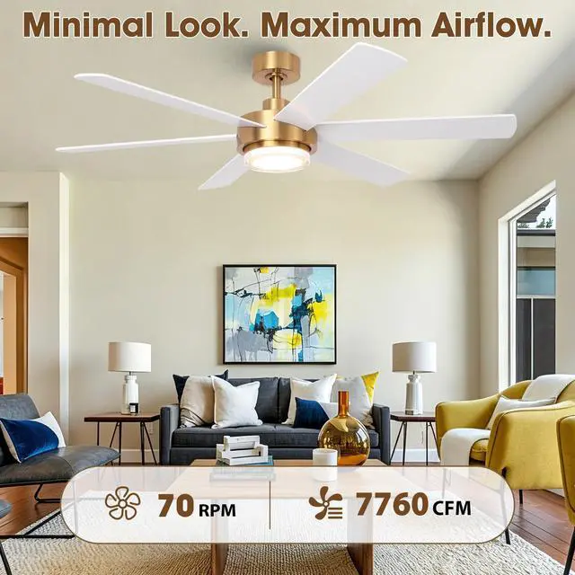 Alt view image 2 of 6 - 54" Gold Ceiling Fan with Lights and Remote, Modern White & Gold Ceiling Fan, Quiet DC Motor, 6-Speed Reversible Fan, Dimmable LED, Luxury Ceiling Fan for Bedroom Living Room Dining Room