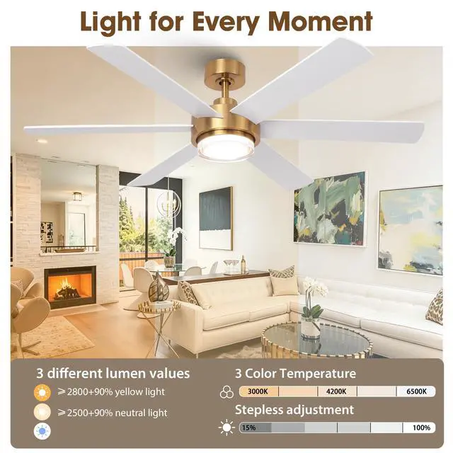 Alt view image 3 of 6 - 54" Gold Ceiling Fan with Lights and Remote, Modern White & Gold Ceiling Fan, Quiet DC Motor, 6-Speed Reversible Fan, Dimmable LED, Luxury Ceiling Fan for Bedroom Living Room Dining Room