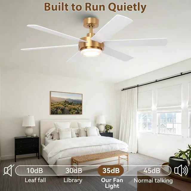 Alt view image 4 of 6 - 54" Gold Ceiling Fan with Lights and Remote, Modern White & Gold Ceiling Fan, Quiet DC Motor, 6-Speed Reversible Fan, Dimmable LED, Luxury Ceiling Fan for Bedroom Living Room Dining Room