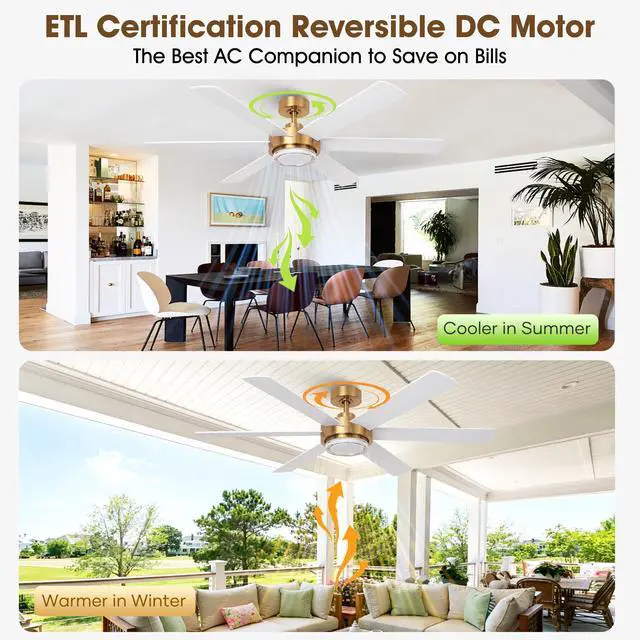 Alt view image 5 of 6 - 54" Gold Ceiling Fan with Lights and Remote, Modern White & Gold Ceiling Fan, Quiet DC Motor, 6-Speed Reversible Fan, Dimmable LED, Luxury Ceiling Fan for Bedroom Living Room Dining Room